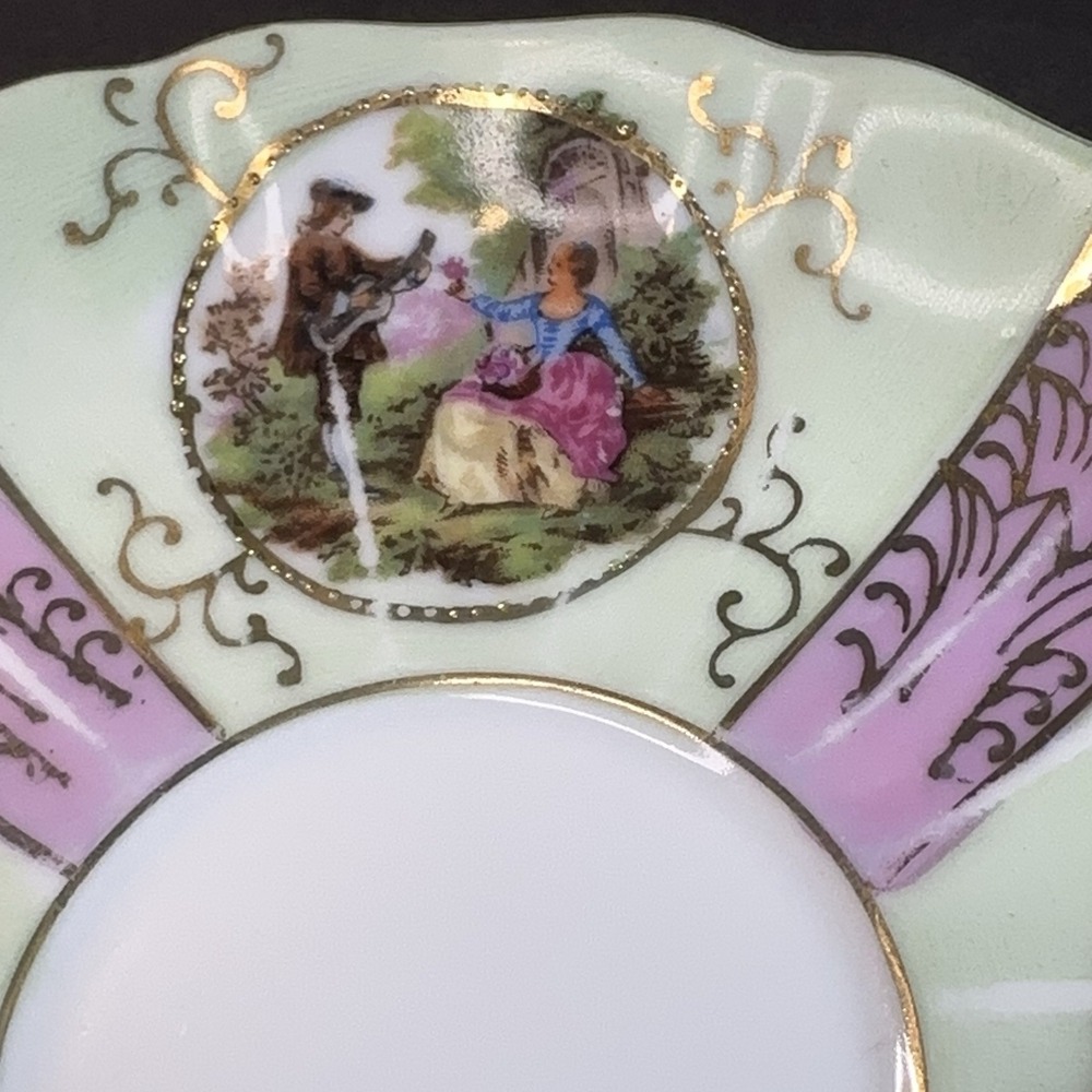 Vtg Fragonard Courting Couple Tea Cup Saucer Lime Green Pink AS-IS Shabby Chic - Picture 6 of 16